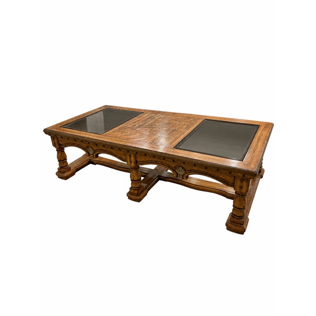 Vintage Mediterranean Revival Parquet-Pattern Wood and Smoked Glass Coffee Table For Sale - Image 9 of 18