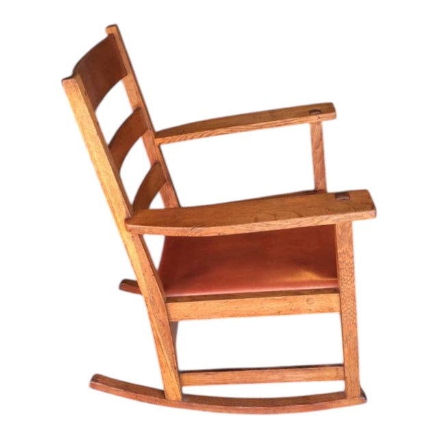 1910s L & J. G. Stickley Oak Rocking Chair With Cognac Saddle Leather Covered Seat, Circa 1912 - 1920 For Sale - Image 5 of 12