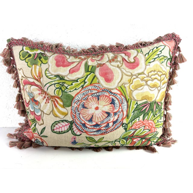 Thibaut Peony Garden Hand Printed Tasseled Linen Pillows/a Pair For Sale In Philadelphia - Image 6 of 8
