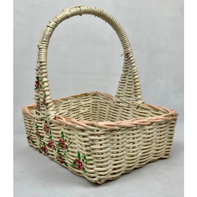 Hand Woven Vintage White Wicker Handled Basket With Hand Painted Roses & Leaves For Sale - Image 4 of 8