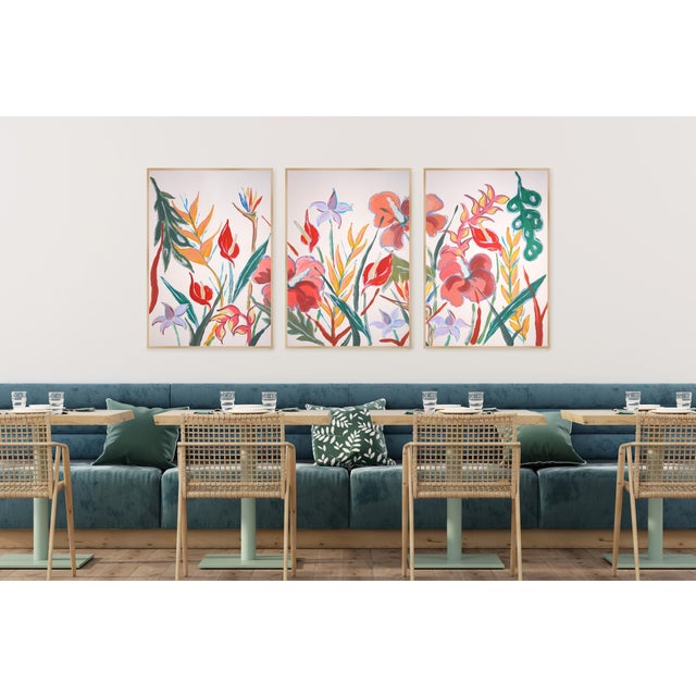 2020s 2026, Tropical Garden, Lush Flowers Large Triptych, Acrylic Paint on Watercolor Paper by Romina Milano For Sale - Image 5 of 11