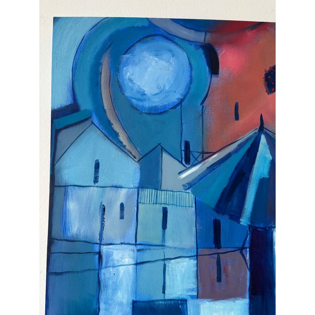 2000 - 2009 Norberto Uribe Dominican Modernist Village Blue Painting on Canvas For Sale - Image 5 of 12