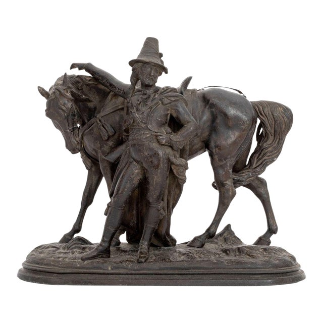 French Cavalier & Mount Patinated Metal Sculpture For Sale