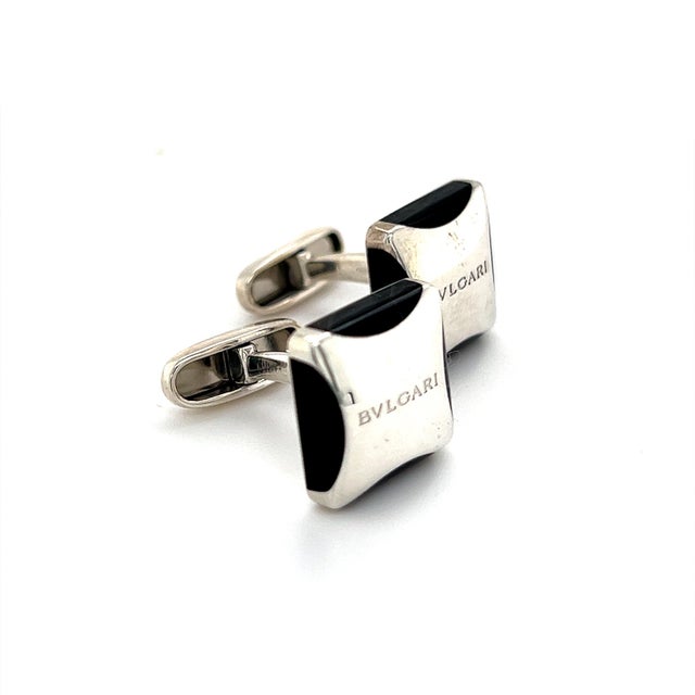 Silver 1990s Pair of Bulgary Estate Onyx Cufflinks Sterling Silver 19.24 Grams For Sale - Image 8 of 10