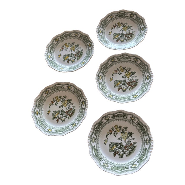Vintage Mason’s Ironstone Manchu Green Multicolor Flat Salad Plates- Set of 5 For Sale