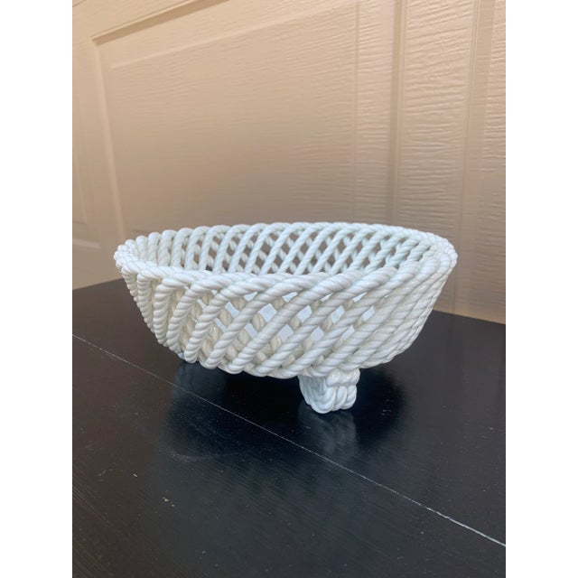 French Country 1960s French Country White Ceramic Woven Rope Cachepot Basket For Sale - Image 3 of 13