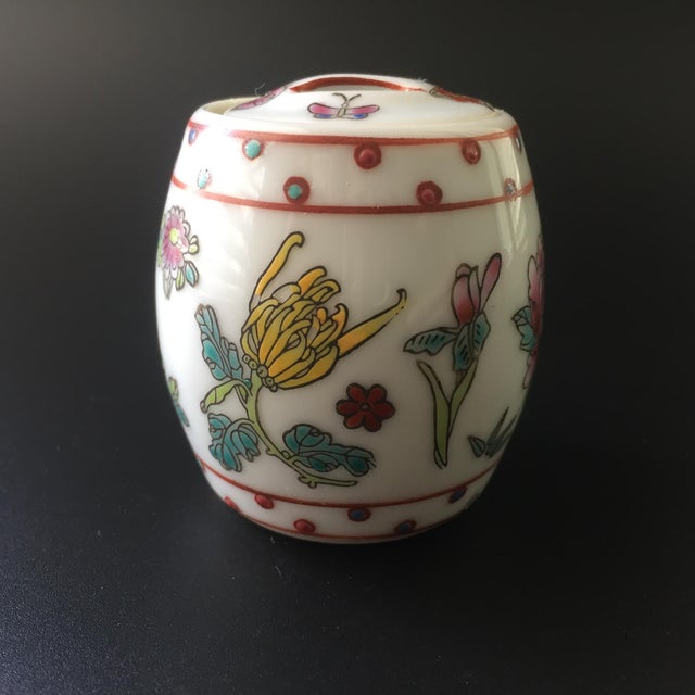 A vintage Chinese Jingdezhen Ware mini porcelain ginger jar in the shape of a garden stool. Circa 1972 - 1983. Hand...