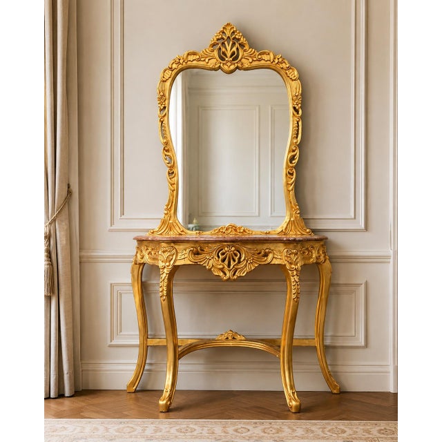 Gold 1970s Artisan Louis XVI Gold Beech Console With Mirror - 2 Pc For Sale - Image 8 of 8