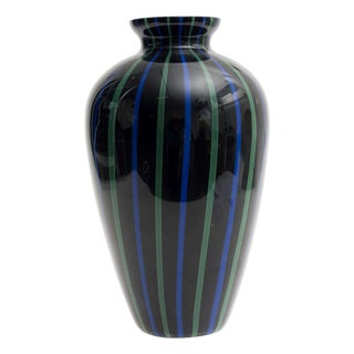 Murano Glass Vase in Black with Green and Blue Lines, Italy, 1970s For Sale