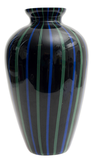 Murano Glass Vase in Black with Green and Blue Lines, Italy, 1970s