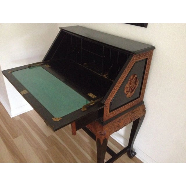 Chinese 1960s Vintage Asian Writing Desk Carved Dragons Teak Black Chinese Hunan For Sale - Image 3 of 7
