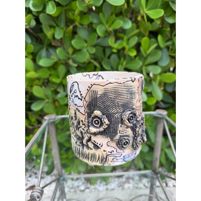 Cream Vintage Signed Studio Pottery Vessel With Abstract Relief Design For Sale - Image 8 of 10