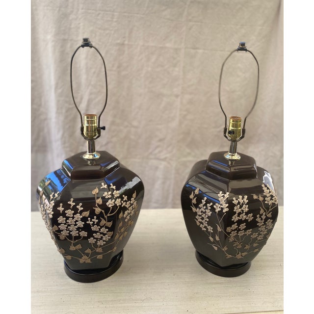 Cocoa Ginger Jar Lamps With Raised Floral Relief and Shades - a Pair For Sale In Palm Springs - Image 6 of 13