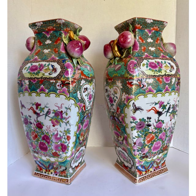 Pair of Chinese Porcelain Hand-Painted Famille Rose Vases With Plum Fruit Handles For Sale - Image 10 of 12