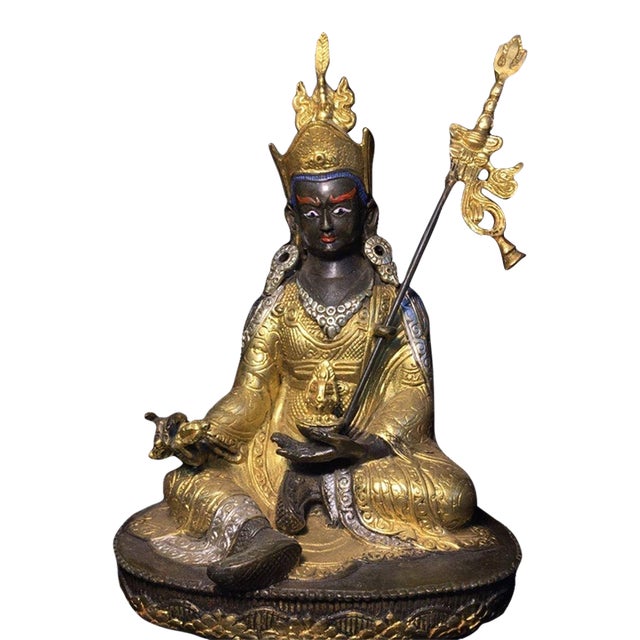 Late 20th Century Gilt Bronze Padmasambhava Statue, Tibetan Buddhist Figure, 900g For Sale