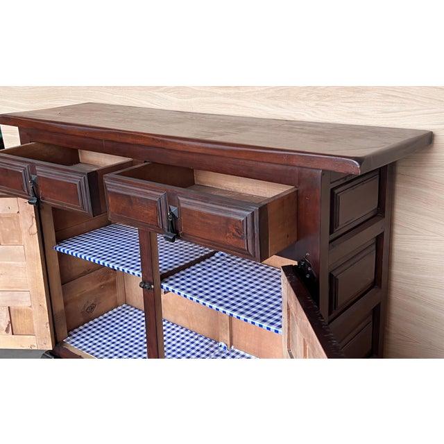 Late 19th Century Spanish Baroque Carved Walnut Tuscan Two Drawer Credenza or Buffet For Sale - Image 12 of 18