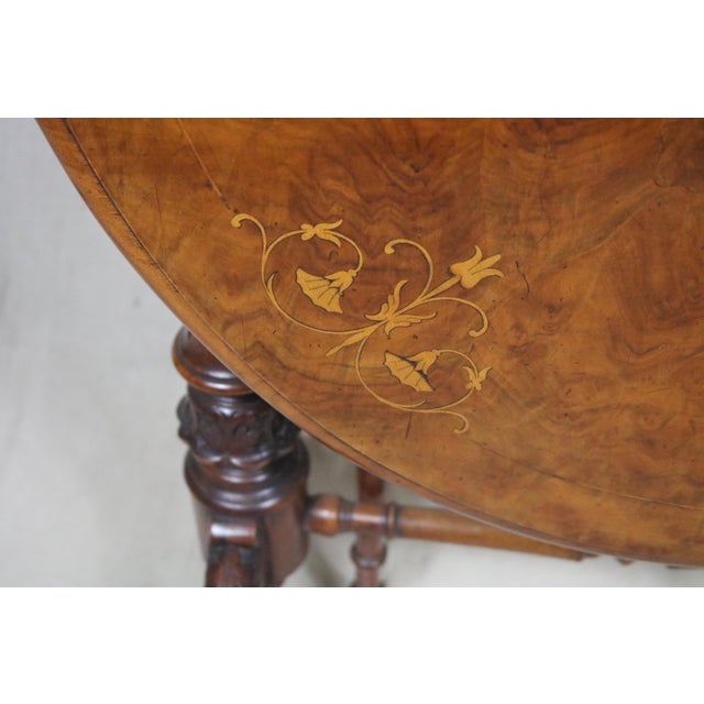 Victorian English Victorian Period Burl and Satinwood Inlaid Sutherland Drop Leaf Table For Sale - Image 3 of 12