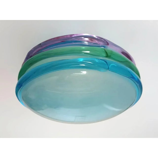 Vintage Italian flush mount or wall light with a frosted Murano glass shade decorated with blue green and purple ribbing /...