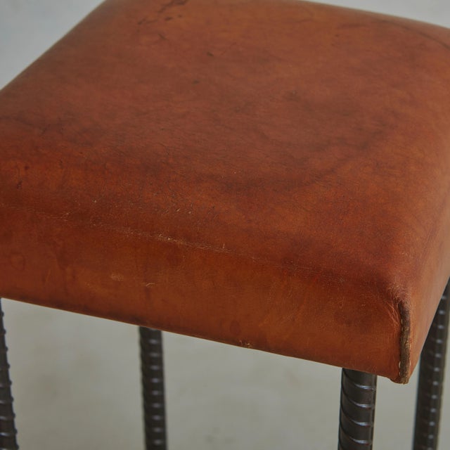 Metal Brutalist Forged Iron + Cognac Leather Stool, France 1960s For Sale - Image 7 of 11