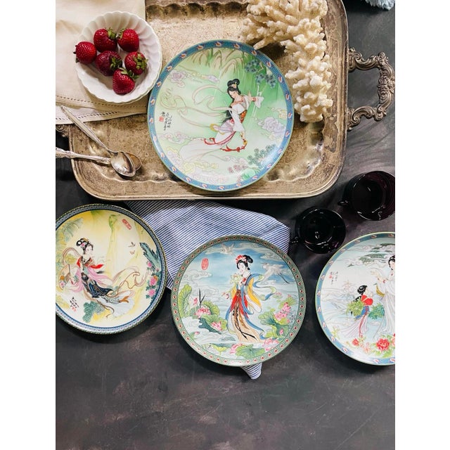 Chinoiserie Early 20th Century Set of Four (4) Asian Decorative Playes of Asian Goddess For Sale - Image 3 of 9