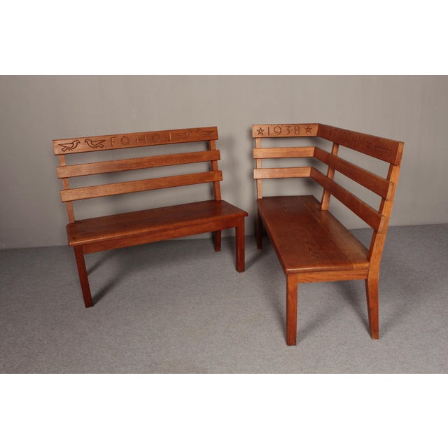 Brown Alpine Corner Bench in Oak with Christian Symbolism, 1930s, Set of 2 For Sale - Image 8 of 18