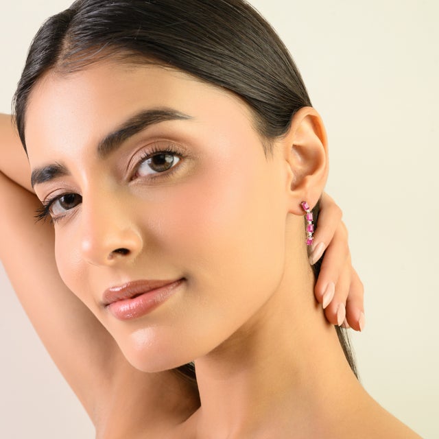 Modernist Sterling Silver Ruby & Diamond Line Earrings With Emerald-Cut Stones- A Pair For Sale - Image 4 of 10