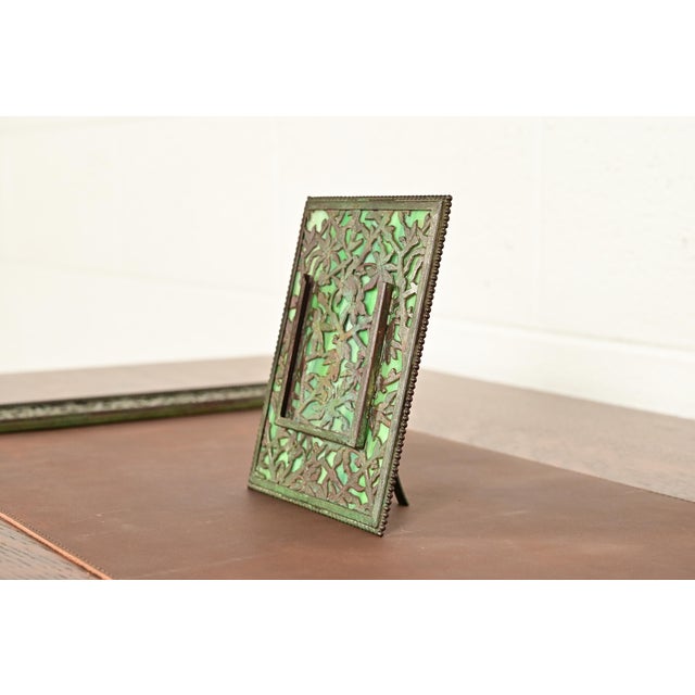 Art Deco Apollo Studios New York Arts & Crafts Grapevine Pattern Bronze and Slag Glass Picture Frame For Sale - Image 3 of 13