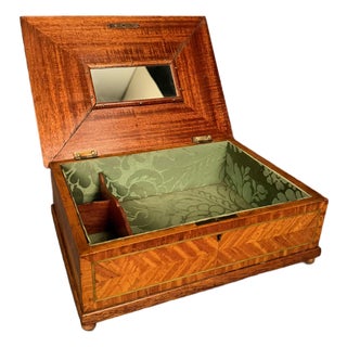 19th Century English Inlaid Satinwood Sewing Box With Mirror & Pincushion, Circa 1890 For Sale