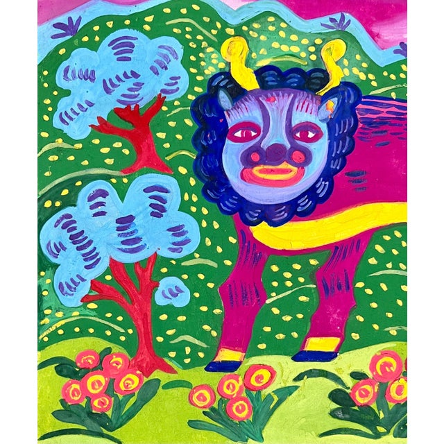 Malcah Zeldis, Malcah Zeldis Folk Art Gouache Painting Mod Bull Jewish Woman Outsider Artist, 1989 For Sale - Image 4 of 10