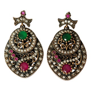 Vintage Natural Ruby, Emerald and Diamond Earrings- 925 Sterling Silver For Sale