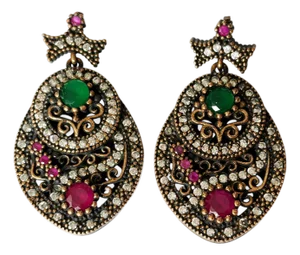 Vintage Natural Ruby, Emerald and Diamond Earrings- 925 Sterling Silver