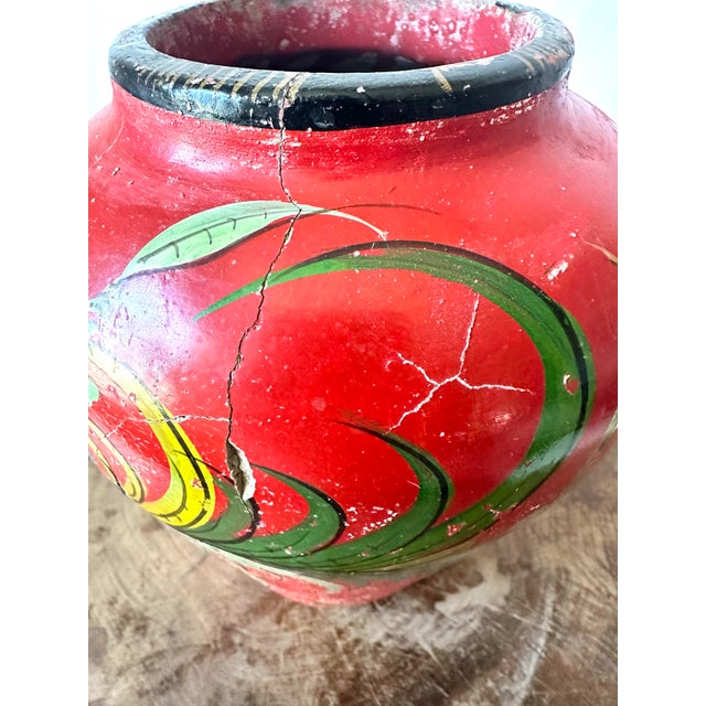1930s Red Mexican Tonala Hand Painted Vase, Antique Floral Folk Art Pottery For Sale - Image 11 of 11