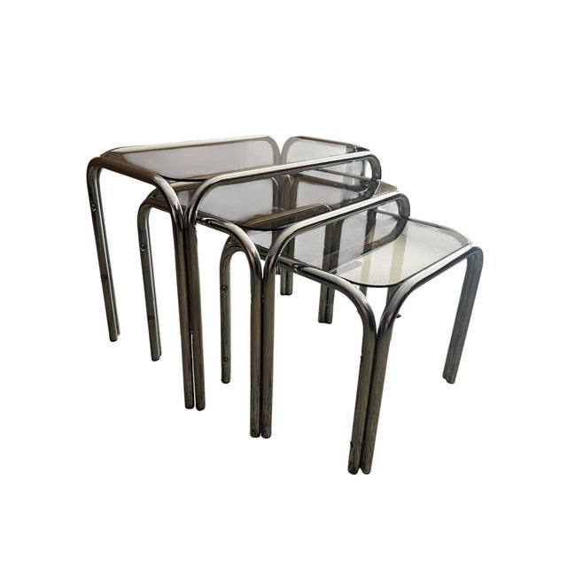 Brown Vintage Chrome Nesting Tables with Smoked Glass, 1970s, Set of 3 For Sale - Image 8 of 9