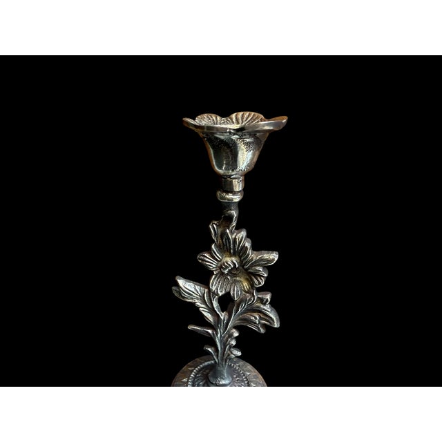 Rustic Handmade Antiqued Brass Floral Candlestick Pair For Sale - Image 3 of 8