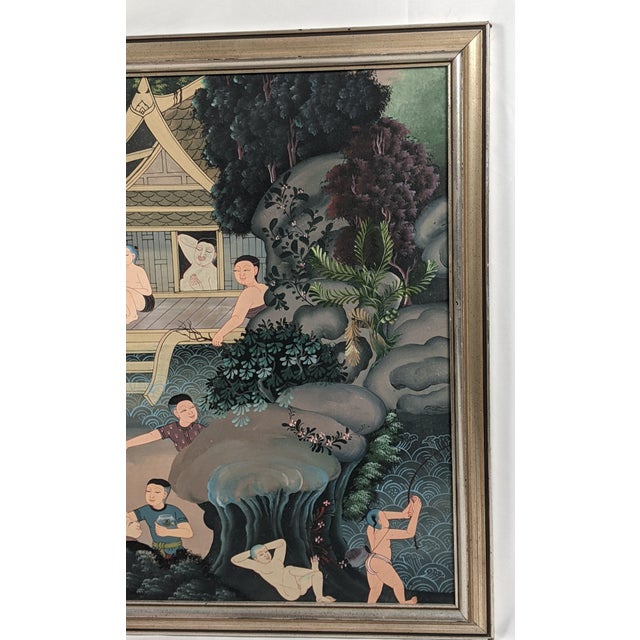 Late 20th Century Southeast Asian Folk Art Village & Riverside Narrative Painting on Canvas For Sale - Image 4 of 12