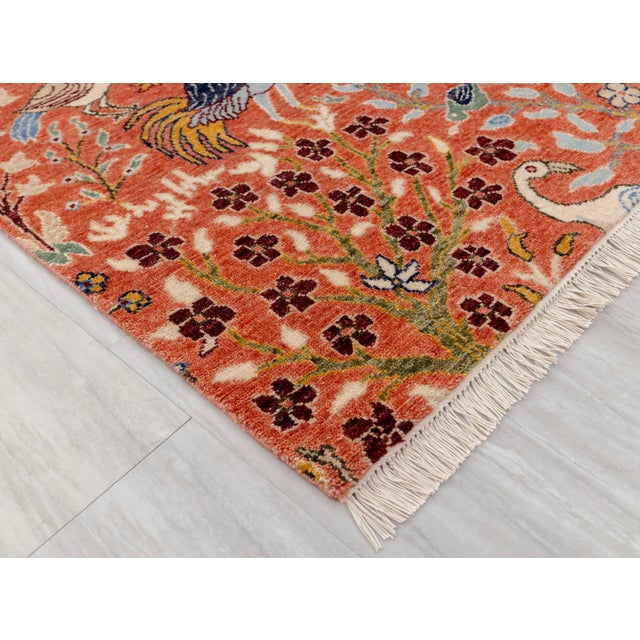 8x10 Rust Red William Morris Inspired Colorful Birds Garden Wool Rug For Sale - Image 4 of 12