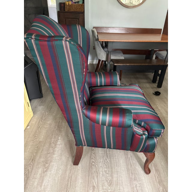 Queen Anne Stripped Upholstered Queen Anne Wingback Chair For Sale - Image 3 of 4
