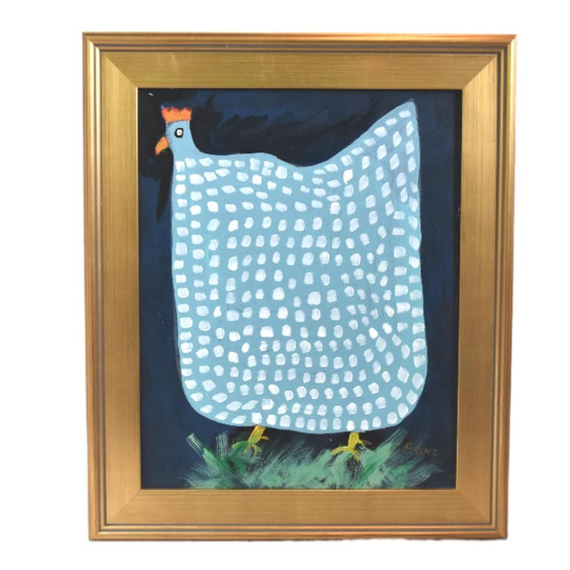 Blue & White Speckled Folk Art Chicken Hen Painting by Ruth Arenz Including the Antiqued Gold Wood Frame For Sale In Los Angeles - Image 6 of 6