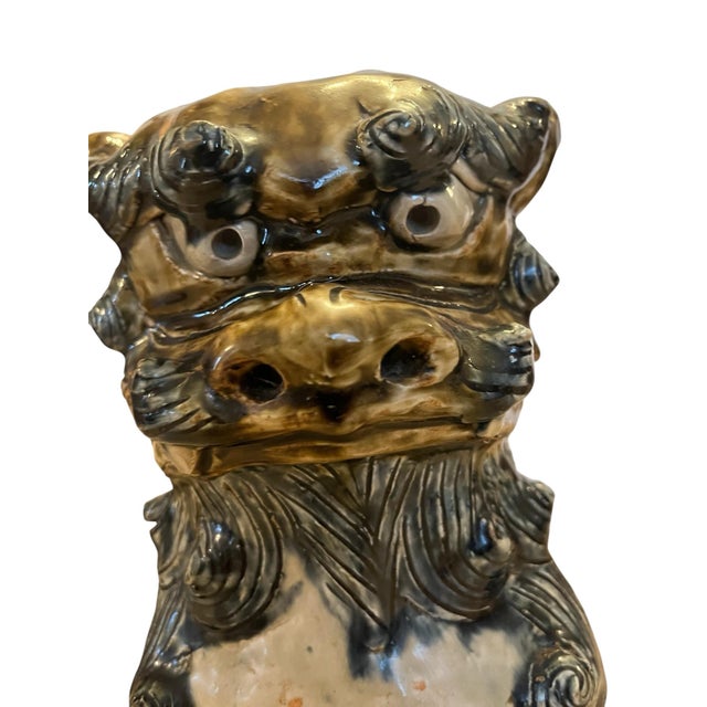 Chinese Large Mid-Century Chinese Ceramic Foo Dog Guardian Lion Pair — Tortoiseshell Glaze For Sale - Image 3 of 12