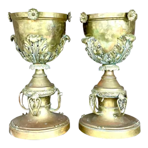 Late 19th Century Vintage Neo Classical Brass Footed Urn - a Pair