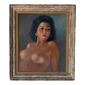 1960’s Vintage Female Nude Portrait Oil Painting on Canvas – Framed