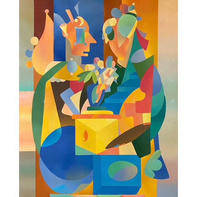 A cubist oil painting titled "Stravinsky" Great colors and composition. Original strip frame Natalya Kononov Prager...
