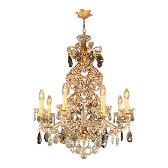 Antique Italian Baroque Revival Crystal Chandelier Wood Smoked Crystal Drops For Sale