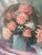 This oil painting is a French floral still life style featuring pink and white dahlias or chrysanthemums arranged in a...