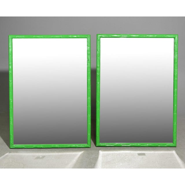 Hollywood Regency Pair of Green Painted Faux Bamboo Beveled Wall Mirrors For Sale - Image 3 of 8