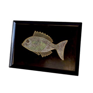 Mid 20th Century Couroc of Monterey Tray With Brass, Turquoise and Stone Inlay Fish For Sale