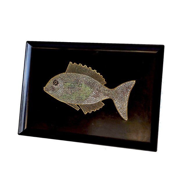 Mid 20th Century Couroc of Monterey Tray With Brass, Turquoise and Stone Inlay Fish For Sale