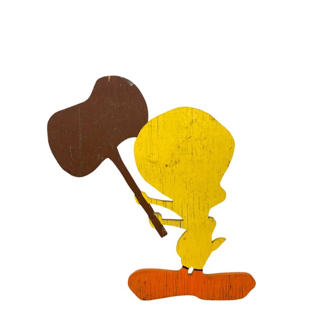 Vintage Hand-Painted Tweety Bird Wooden Cutout Sign With Mallet For Sale - Image 4 of 11