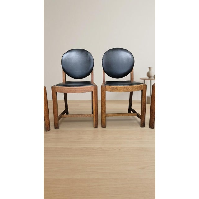 Vintage Wooden Dining Chairs with Black Leather Upholstery, 1940s, Set of 4 For Sale - Image 15 of 17