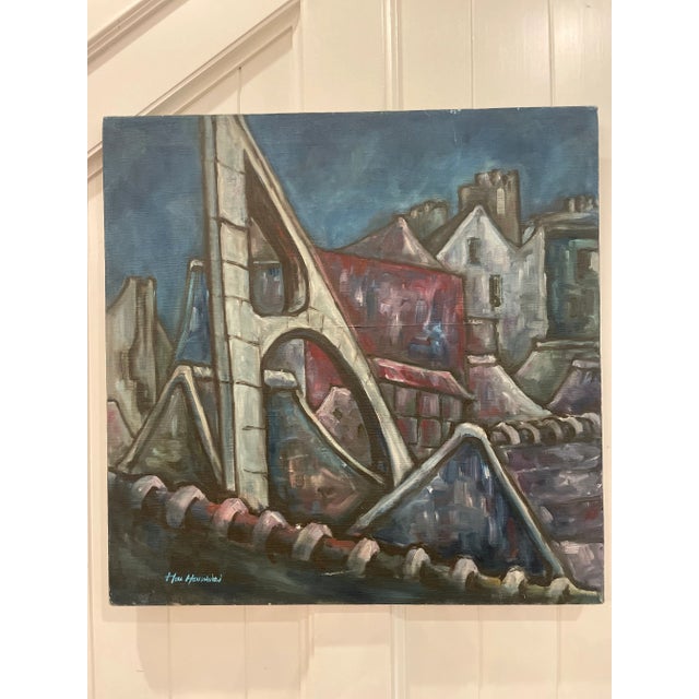 Abstract Modern Industrial Scene Original Painting "Rooftops" Attributed to Artist Maggie Hsun-Wei Hsu For Sale - Image 9 of 9